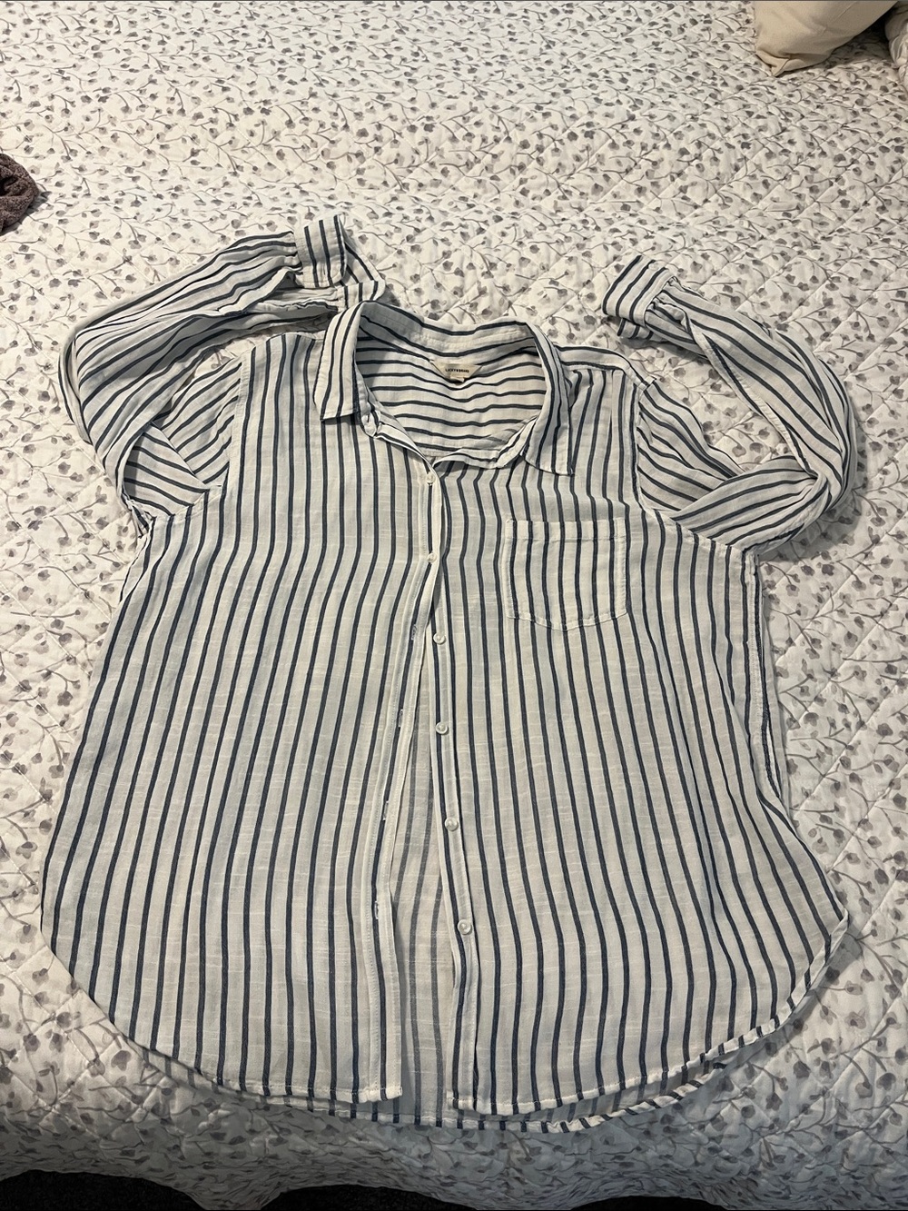 Lucky Brand White and Navy Striped Button-Down Shirt